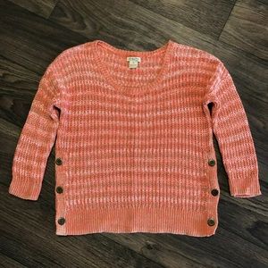 Lucky Brand Coral Orange Striped Side Button 3/4 Sleeve Knit Pullover Sweater M